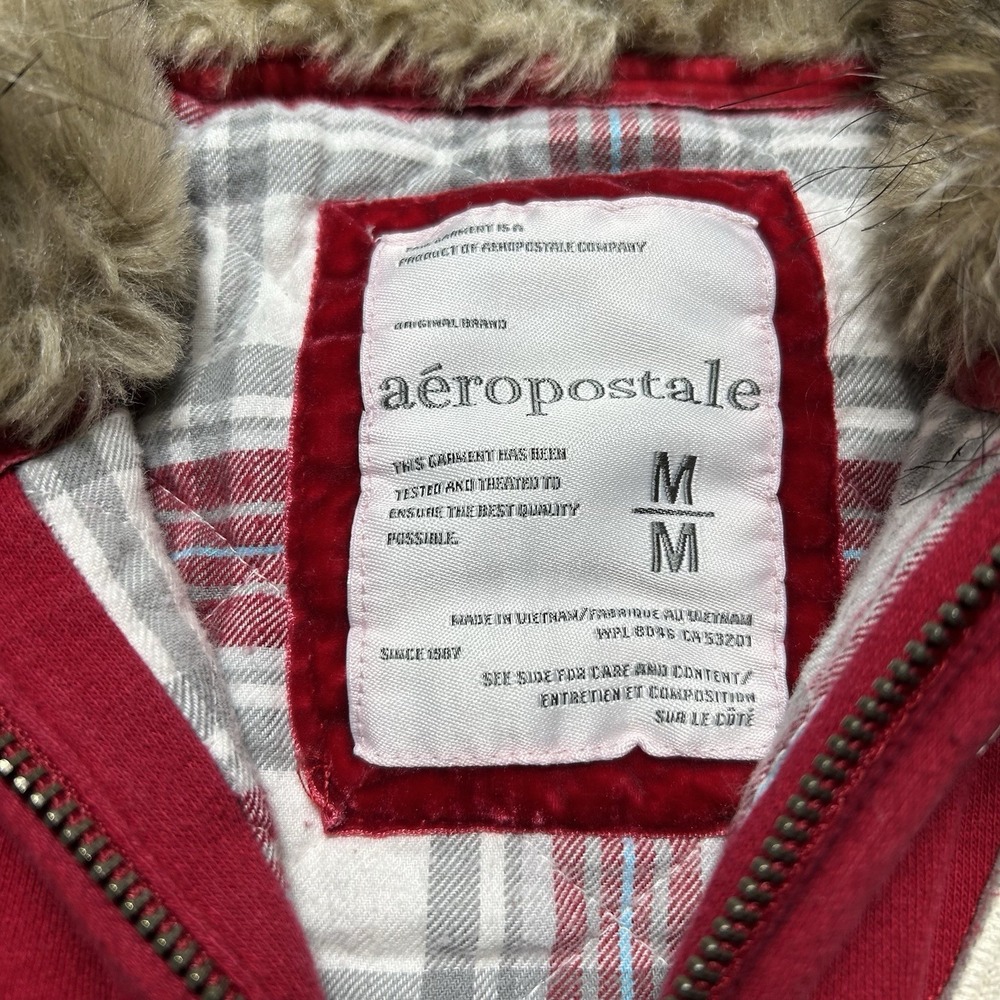 Aeropostale Womens Red Faux Fur Hood Zip Up Hoodie A87 Plaid Lined Medium - Picture 6 of 8